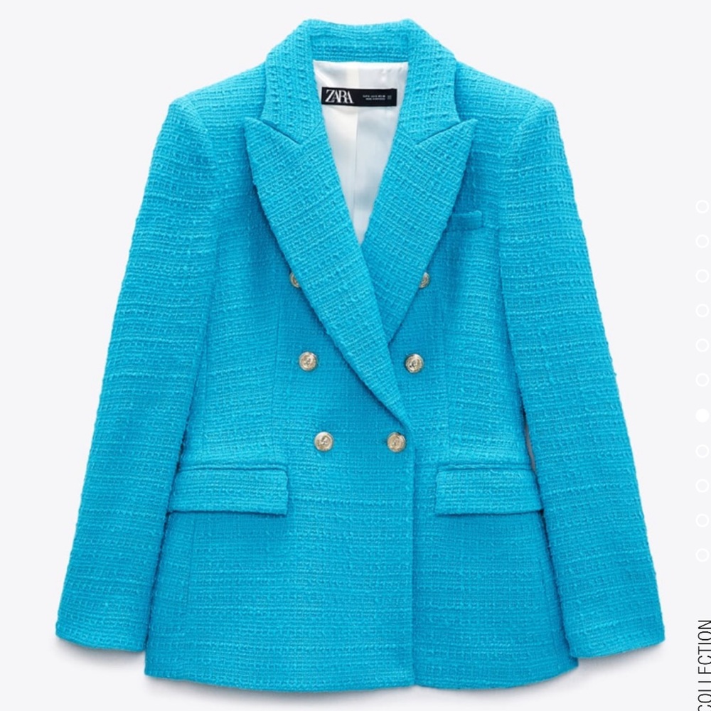 Zara Bright Turquoise Double-Breasted Tweed Blazer